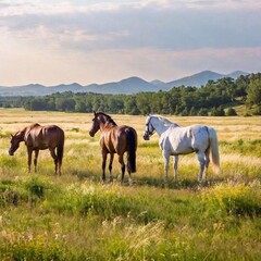 Obraz premium A serene watercolor scene of a horse race through a grassy meadow, surrounded by tall, golden prairie grasses and wildflowers. The cowboys and horses are depicted in soft, natural tones, and the water