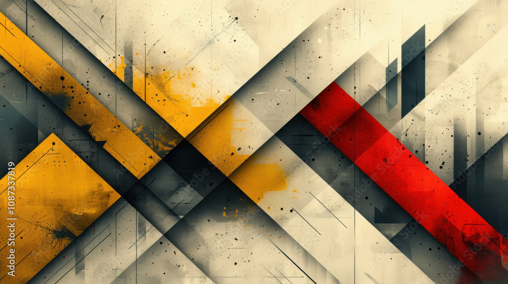Poster a painting of a cityscape with a red line running through it. the painting is abstract and has a sen