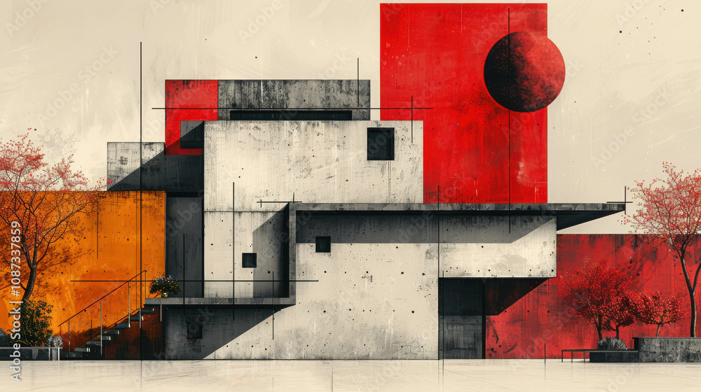 Poster a colorful abstract painting with black and red lines and white background. the painting has a sense