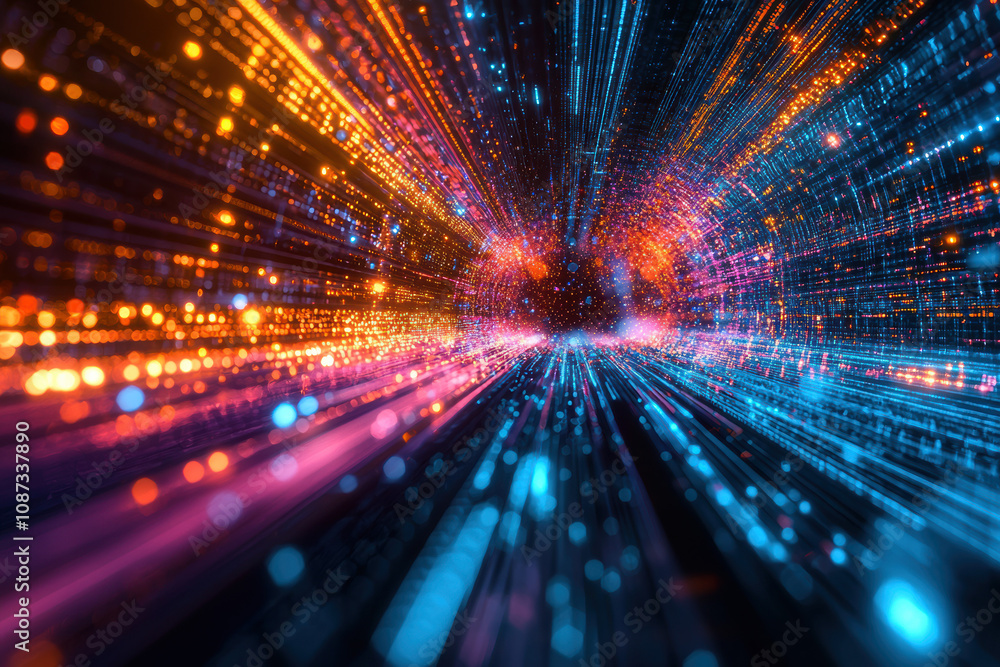 Wall mural a vibrant explosion of colorful light particles creating a dynamic energy tunnel, symbolizing techno