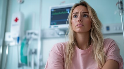 A woman with long blonde hair, seated in a hospital setting, gazes thoughtfully at the camera. Medical equipment with monitors is visible in the background.
