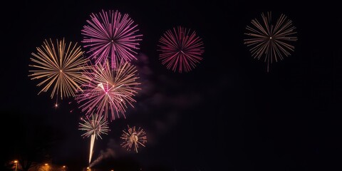Fototapeta premium Colorful fireworks and sparkling firecrackers light up the dark sky during Lunar New Year celebrations, sparkling, fireworks