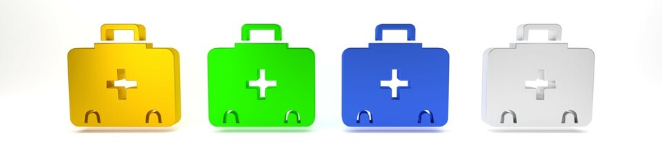 Colorful First aid kit icon isolated on white background. Medical box with cross. Medical equipment for emergency. Healthcare concept. Minimalism concept. 3D render illustration