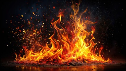 Fiery blaze with dancing flames and glowing embers, creating a mesmerizing spectacle against a backdrop of black night