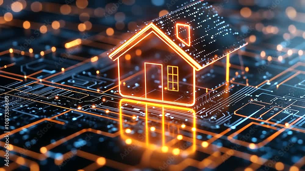Poster the neon orange smart home icon appears to float in a d space, surrounded by a dark, glittering fiel