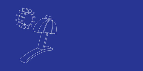 The outline of a large beach symbol made of white lines on the left. 3D view of the object in perspective. Vector illustration on indigo background