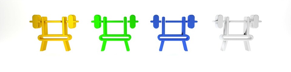 Colorful Bench with barbell icon isolated on white background. Gym equipment. Bodybuilding, powerlifting, fitness concept. Minimalism concept. 3D render illustration