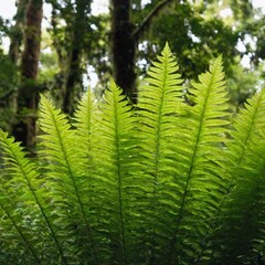 Fototapeta premium Extreme wide shot Green Fern Leaves Unfurling in a Rainforest: Eye-level view capturing delicate fern leaves as they slowly unfurl, surrounded by other lush greenery in a humid rainforest setting.