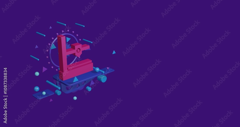 Poster pink small 3d printer symbol on a pedestal of abstract geometric shapes floating in the air. abstrac
