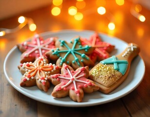 Gingerbread cookies shaped like fireworks and champagne bottles