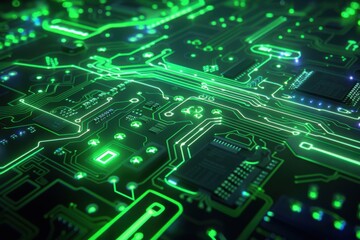 Fototapeta premium Circuit Board Glows Green with Data Flowing Smoothly and Efficiently.