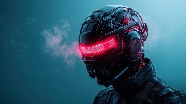 This futuristic cybernetic being wears a sleek helmet with glowing red visor, exhaling mist in a dimly lit atmosphere evoking mystery and technological prowess.