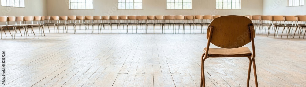 Poster a single wooden chair is positioned in a spacious, well-lit room with multiple empty chairs arranged