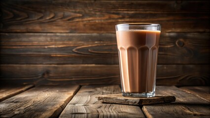 A glass of chocolate milk stands on a wooden coaster, inviting you to take a sip and savor its creamy richness.