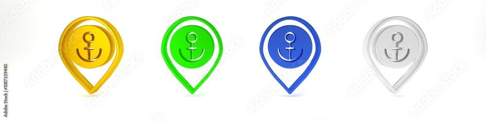 Poster colorful map pointer with anchor icon isolated on white background. minimalism concept. 3d render il