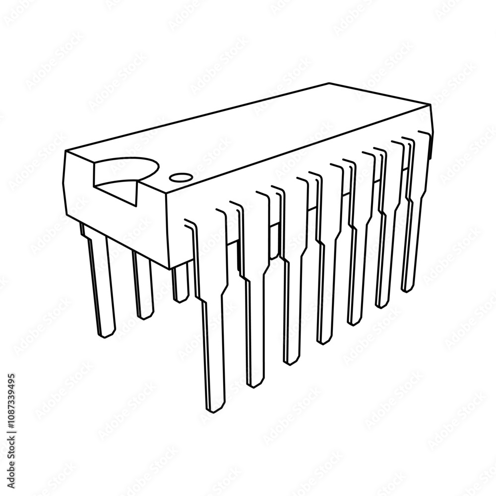 Poster the outline of a large integrated circuit symbol is made with black lines. 3d view of the object in 