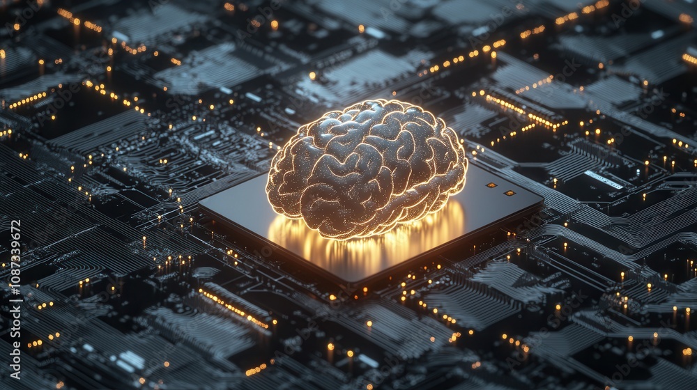 Poster a glowing brain sits atop a circuit board, symbolizing the intersection of artificial intelligence a