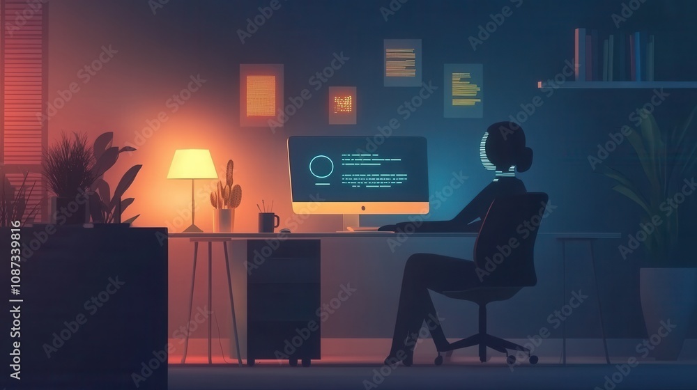 Poster a person sits at a desk in a dimly lit room, focused on a computer screen displaying code, surrounde
