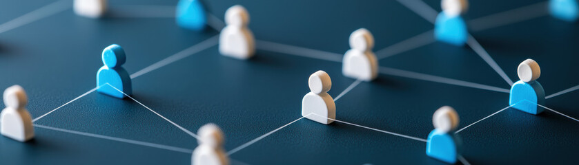 Networking concept depicted with abstract blue and white figures connected by lines on a dark background, symbolizing communication and collaboration.