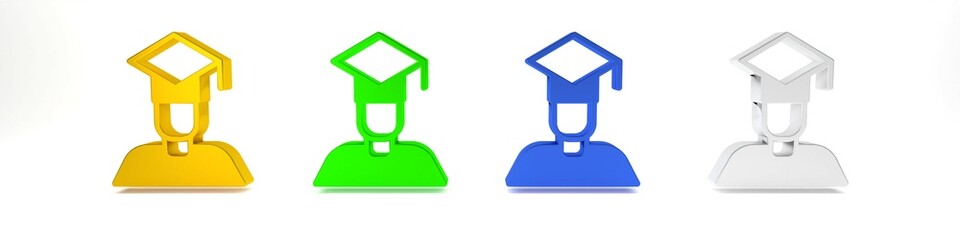 Colorful Graduate and graduation cap icon isolated on white background. Minimalism concept. 3D render illustration