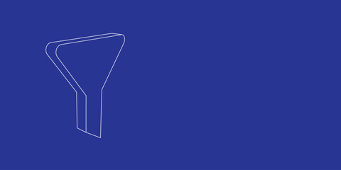 The outline of a large funnel symbol made of white lines on the left. 3D view of the object in perspective. Vector illustration on indigo background