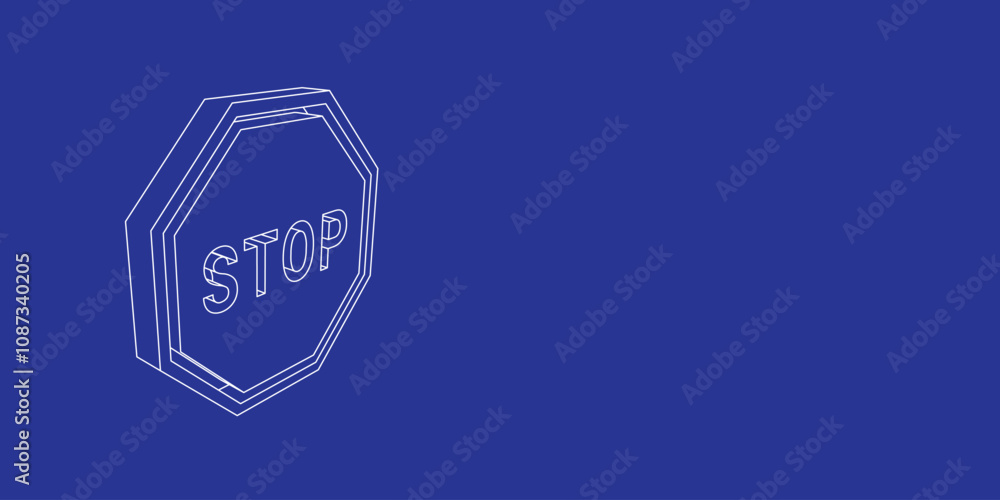 Poster the outline of a large stop road sign made of white lines on the left. 3d view of the object in pers
