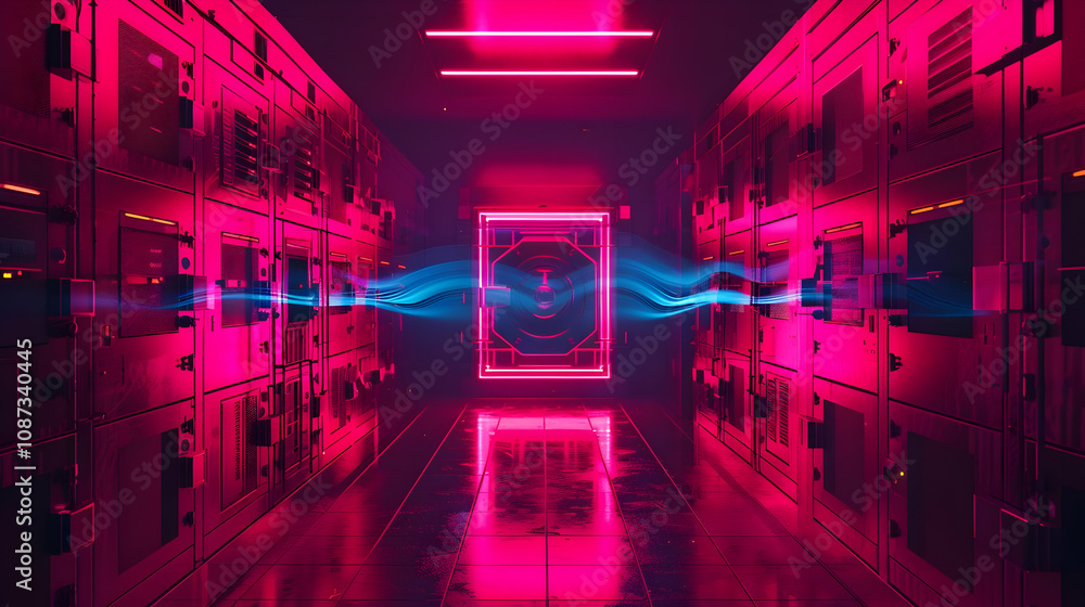 Poster cyberpunk data center: neon glow illuminates digital data streams flowing through futuristic servers