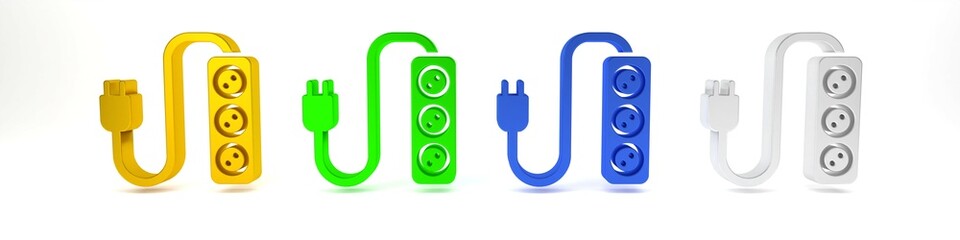 Colorful Electric extension cord icon isolated on white background. Power plug socket. Minimalism concept. 3D render illustration