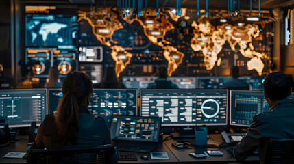 Global Network Monitoring: Analysts Observe Data Streams on Multiple Screens Displaying World Map and Data Visualizations in a High-Tech Control Center