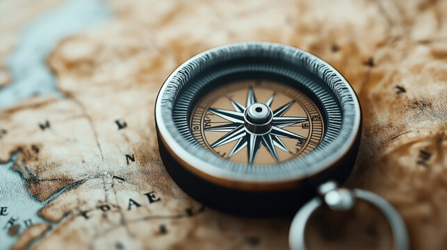 Close-up of a vintage compass placed on an old, weathered map, highlighting navigation and exploration themes.