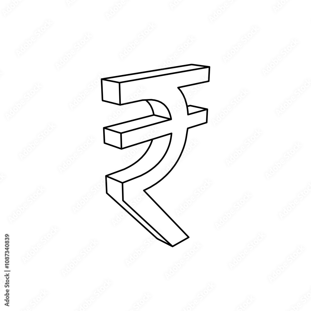 Aufkleber the outline of a large indian rupee symbol is made with black lines. 3d view of the object in perspe