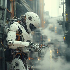 Fototapeta premium Robotic automation process industrial facility digital art urban environment close-up view future technology concepts