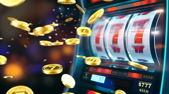 A vibrant scene of a slot machine hitting a  jackpot, as golden chips and coins rain down, capturing the rush of winning in an online casino with spectacular graphics.