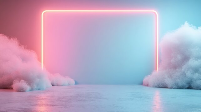 Elegant neon rectangle with pink outline against a soft pastel blue backdrop, surrounded by fluffy clouds of fog, creating a dreamy atmosphere.
