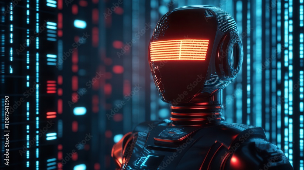 Poster a futuristic robot with glowing features stands against a backdrop of digital code, showcasing a ble