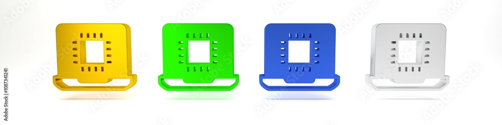 Poster Colorful Computer processor with microcircuits CPU icon isolated on white background. Chip or cpu with circuit board. Micro processor. Minimalism concept. 3D render illustration