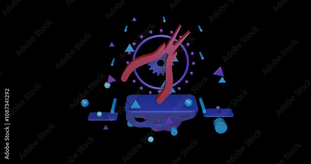 Poster red round pliers symbol on a pedestal of abstract geometric shapes floating in the air. abstract con