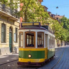 Fototapeta premium A high-resolution photograph captures a streetcar in a vibrant, European city. The vintage, yellow tram smoothly glides along its tracks, juxtaposed against an array of colorful buildings adorned with