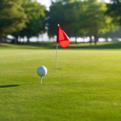 Obraz premium A high-resolution ultrarealistic image captures a pristine golf course scene at sunrise. The digital photo showcases a close-up of a textured white golf ball resting on manicured green grass. In the b