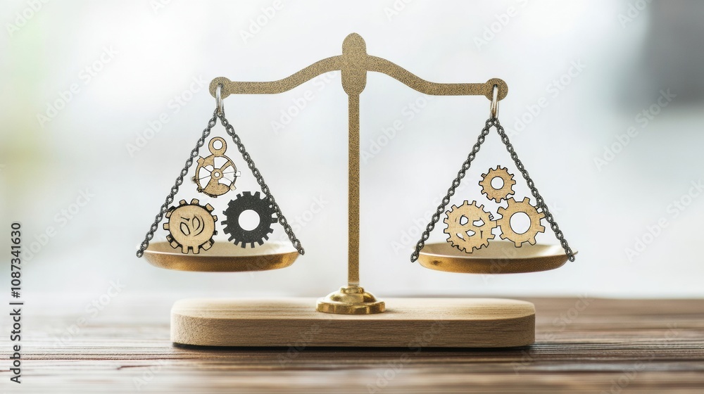 Aufkleber A scale displays various gears representing the balance of technology and creativity in contemporary engineering solutions. Generative AI