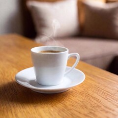 A high-resolution ultrarealistic image in photography style featuring a steaming white coffee cup placed on a small white saucer, with a silver spoon resting beside it. The cup is centrally positioned