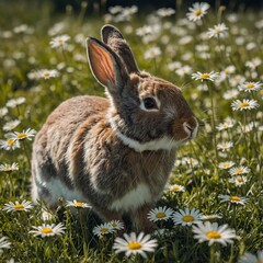 Fototapeta premium A bunny surrounded by daisies in a sunny meadow.