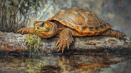 Naklejka premium Realistic Illustration of Turtle Resting on Log by a Calm Water Body with Natural Surroundings Enhancing Its Vibrant Colors and Textures in a Serene Environment