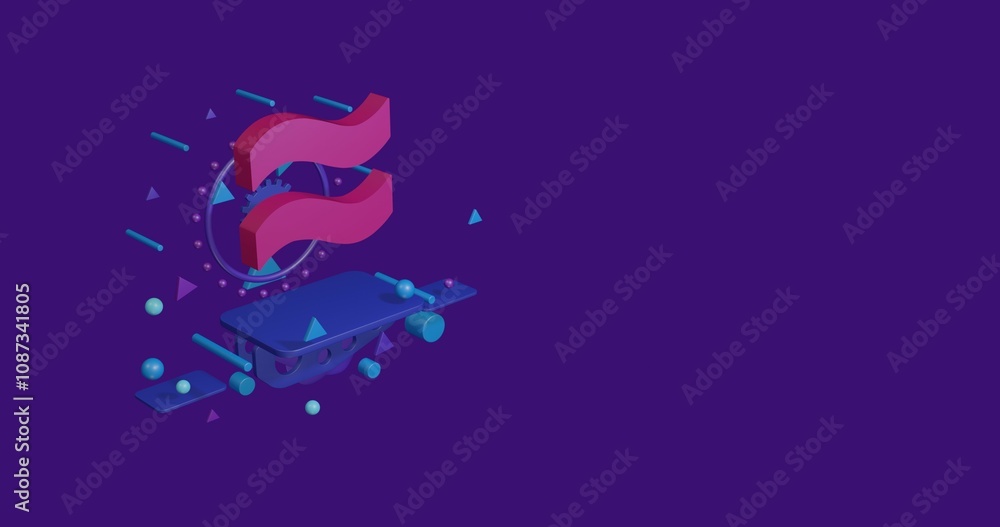 Poster pink approximately equal symbol on a pedestal of abstract geometric shapes floating in the air. abst