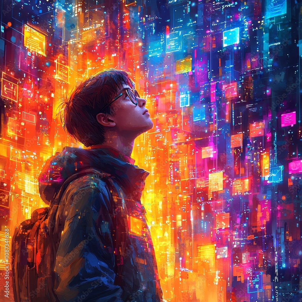Poster colorful digital illustration of a thoughtful programmer surrounded by abstract data and light patte