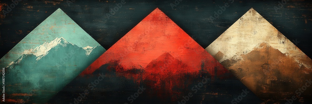Poster abstract representation of three pyramid shapes in varying colors against a dark background, evoking