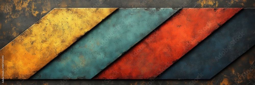 Poster a textured panel featuring diagonal stripes in yellow, teal, and red against a weathered background,
