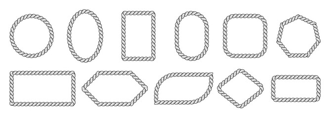 Vector realistic rope frames collection. Rope borders in different geometric shapes rectangle, square, circle, rhombus, oval and hexagon isolated on transparent background. © Olga Tsikarishvili