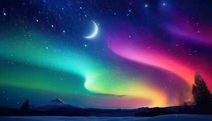 nighttime sky filled with stars crescent moon rainbow colored aurora borealis
