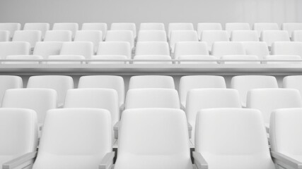 Obraz premium Close up view of three white seats lined up in a row against a white background, close up, empty, design